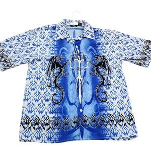 Y2K Mens Medium Blue White Tribal Dragon Sword Graphic Button Down Shirt